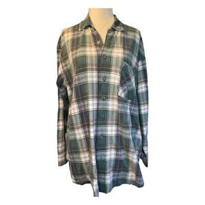 Express Flannel Button Down Shirt Muted Blue Green White Tartan Plaid Top M